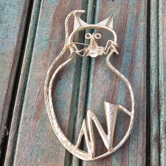 Vintage Jewelry - Vintage Fun Stylized Large Cat Pin Brooch Funky Grandmacore